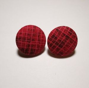 Red plaid button earrings